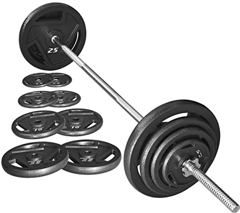 Signature Fitness Piastre di peso standard in ghisa con bilanciere standard da 1,5 m con chiusure a stella, set da 43,1 kg (piatti da 38,6 kg + bilanciere da 4,5 kg), confezioni multiple, stile #3