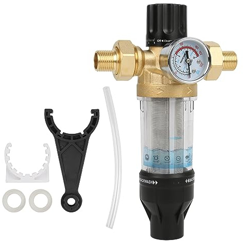 Filtro de retrolavado, filtro de agua con manómetro, reutilizable, prefiltro de agua para sedimentos, filtro de agua spin down, filtro fino lavable (1 pulgada con adaptador de 1/2)