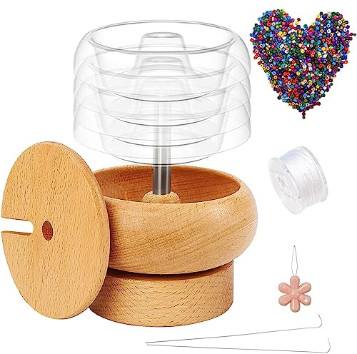 Bead Spinner | Holzperle Spinner Mit Garnspulenaufwickler | DIY-Herstellung Perlenhalter Mit 4 Schnellwechselschalen, 2 Perlennadeln Mit Großem Auge Und 1000 Taillenperlen Für Schmuckherstellung