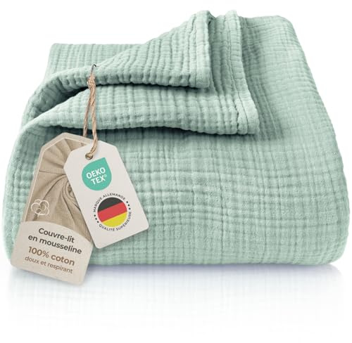 LAYNENBURG Premium muslinöverkast, 180 x 220 cm – 100 % bomull – extra mjuk bomullsfilt som gosig filt, sängskydd, sofföverkast, soffskydd – varm soffskydd (mintgrön)