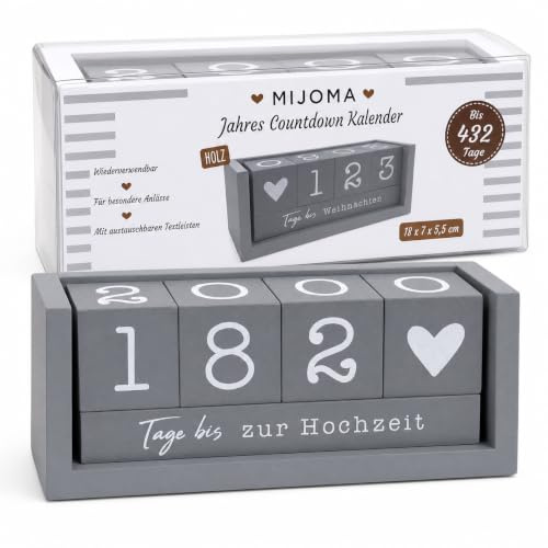 MIJOMA Jahres Countdown Kalender aus Holz – Dauer-Tischkalender mit Deko-Würfeln – bis 432 Tage für besondere Anlässe (Grau - deutsche Edition, ca. 18 × 7 × 5,5 cm)