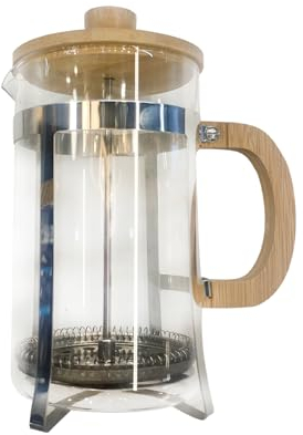 JS Gourmet 27oz Glass French Press Coffee Maker with Bamboo Wooden Handle, Lid and Stainless Steel Frame, Manual Coffee and Tea Brewer with 3 Level Filter System