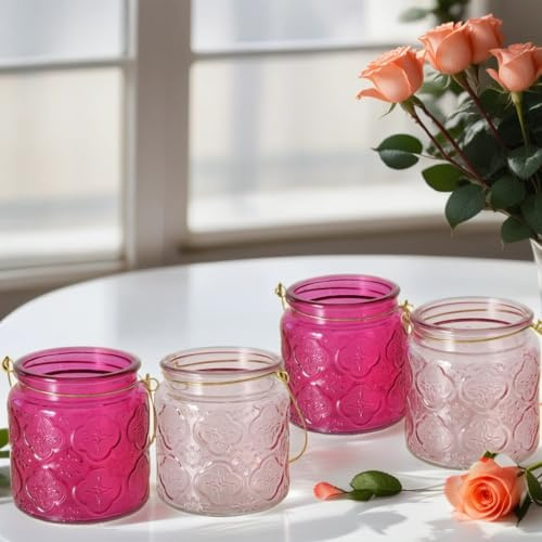 Marrakesch 4er Set Vintage Teelichthalter aus Glas 11cm groß - Kerzenständer & Windlichter als Rosa Wohnzimmer Deko - Exquisite Teelichtgläser perfekte Kerzengläser für Ihre Teelichter