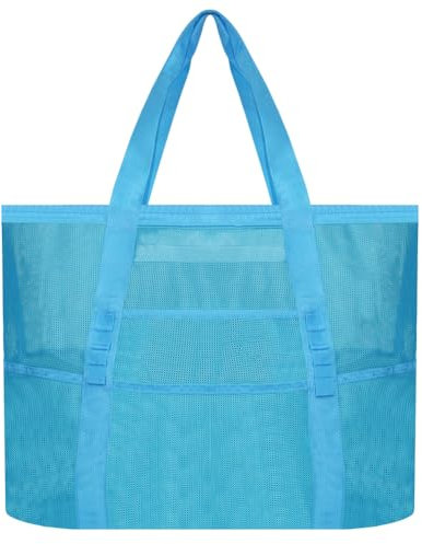 Amonsen Große Netz-Strandtasche mit 8 separaten Taschen, Netz-Aufbewahrungstasche für Strandurlaub, gut für Sllipers, Handtücher, Sonnencreme, Getränke, Hellblau, 1 Stück, XL