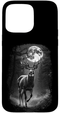 Cerf dans la forêt sombre la nuit et la pleine lune Elan Coque pour iPhone 15 Pro Max