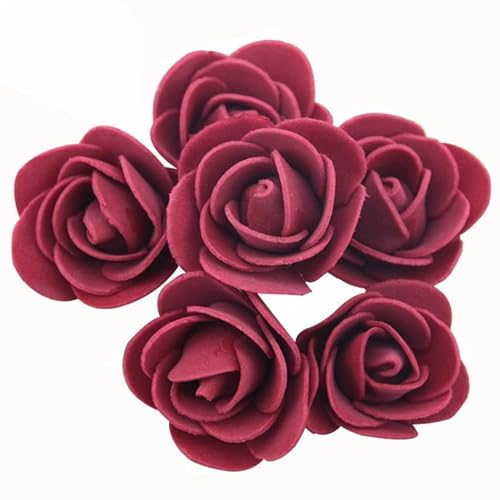 Wisafory Künstliche Rosenköpfe Mini Schaumrosen Künstliche Schaumstoff Rosen Köpfe Foamrosen Dekoblumen Rosenstrauß für Hochzeit Brautstrauß Party Home Deko DIY Valentine's Day Dunkelrot 100PCS