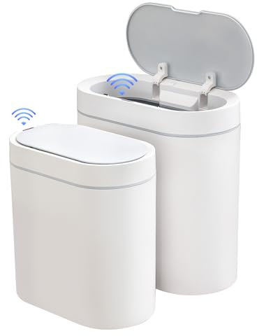 ELPHECO 2 Pack Bathroom Motion Sensor Trash can 2.5 Gallon + 2 Gallon Automatic Garbage Can Bathroom Decor, Slim Plastic Smart Trash Bin with Lid, Garbage can for Kitchen, Office, White, 2 Pack