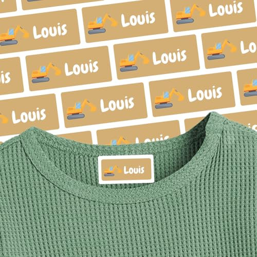 Namensaufkleber für Klamotten & Textilien (250 Sticker) – Aufkleber mit Name und Bagger für Shirts oder Hosen – Ideal für Schule und Kindergarten – Wasserfest, Spülmaschinenfest, 30 x 13 mm