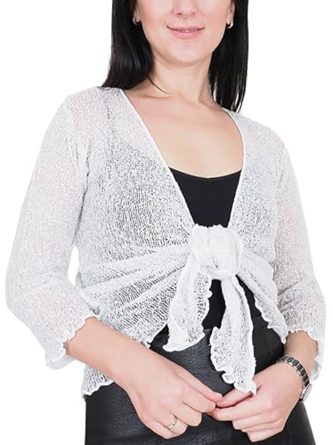 Mimosa Ladies Crochet Shrug Bolero Glitter or Plain Super Stretchy Lace Fish Net Tie at Waist Bolero Open Cardigan Fits UK 6-28
