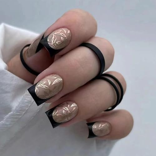 Ceboic 24 Pièces Ongles à Coller Court Carrés, Nude Bordure Noir Français Faux Ongle avec Feuilles d'or Dessin, Glossy Couverture Complète Ongles à Presser pour Femmes Filles