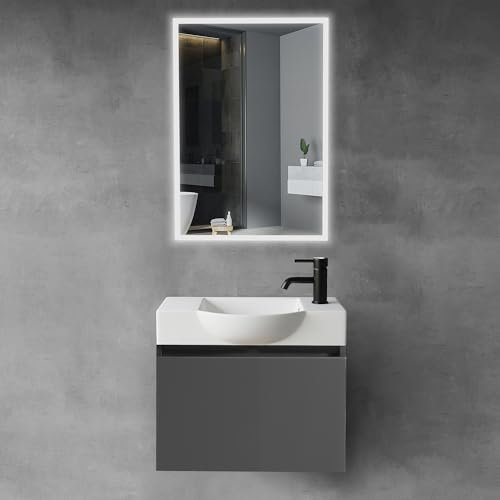 Alpenberger Badmöbel Set mit Waschbecken | Badschrank Hängend | Waschtisch mit Unterschrank | Badezimmerschrank mit Spiegel | Badmöbel für Kleine Bäder + Gäste WC | Waschtischunterschrank Anthrazit