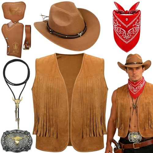 Saier tbo Set di 7 accessori da cowboy per uomo - Costume da cowboy occidentale con cappello, gilet con nappine, paisley, bandana, fibbia bolo, cintura, fondina per carnevale, fantasia, cosplay