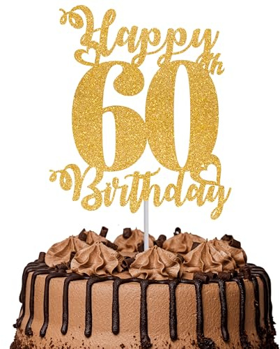 1Pc Happy 60th Birthday Cake Topper Glitter Cheers to 60 Years Cake Topper 60 Fabulous Cake Decoration for Happy 60th Birthday Party Cake Decorations Supplies Gold