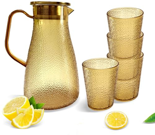 Plastic Pitcher with Cups Set of 4, 1.8L Water Jug with Lid & Spout for Fridge | Unbreakable Beverage Pitcher, BPA-Free Plastic Drinking Jug for Hot/Cold Water Ice Tea Coffee Milk & Juice Beverage