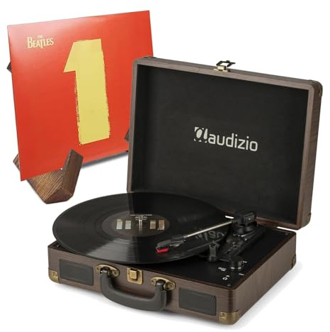 Audizio RP114W Retro Suitcase Record Player with Built-in Speakers & Wooden Vinyl Record Display Stand - Briefcase Turntable System, 3 Speeds, RCA Output, AUX Input, Headphone Socket