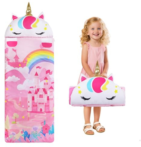 Decalsweet Nap Mat Caldo per Bambini con Rimovibile Cuscino, Sacco a Pelo Pieghevole per Ragazze Ragazzi, Nap Mats con Doppia Cerniera per Campeggio, Scuola Materna e Asilo, 150×60cm Unicorni Rosa