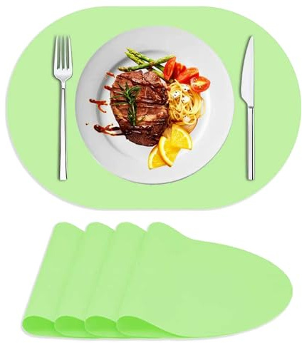 Siliconty Tovagliette in Silicone Ovali Set di 4, Tovagliette Resistenti al Calore, Sottopiatti Antiscivolo per Tavolo, Impermeabili e Facili da Pulire,43cm x 30cm x 0.7mm LSR Traslucido(Verde 4pcs)