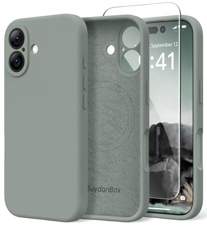 SuydanBox Magnetische Hülle für iPhone 16, kompatibel mit MagSafe, [Vollständiger Kameraschutz + Displayschutzfolie] Stoßfeste Silikon-Schutzhülle für iPhone 16 6,1 Zoll, Calke Grün | Fit für MagSafe, Displayschutzfolie, Vollkameraschutz, Premium-Silikon, stoßfeste Schutzhülle für iPhone 16