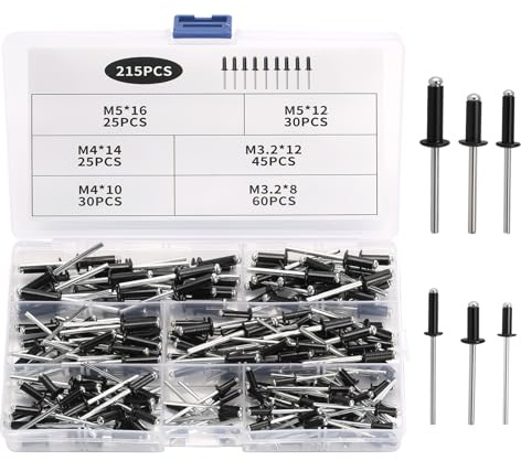 215 Pcs Rivet Pop Tete Large, 3,2mm 4mm 5mm Rivets Pop en Aluminium à Tête Large, Rivets Aveugles en Aluminium Noirs à Large Bride pour Métal, Meubles, Voitures, Bateaux(8/10/12/14/16 mm)