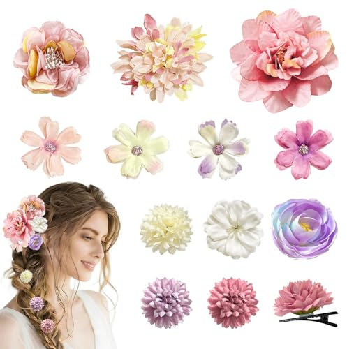 12PCS Barrette Fleur Artificielle Bohême, Pince à Cheveux pour Cheveux Épais et Fins, Épingles à Cheveux Fleuries pour Femmes et Filles pour Mariage (Violet poussiéreux)