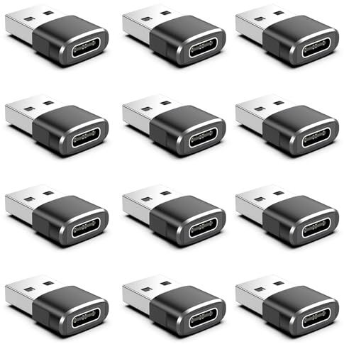 12-Pack USB to USB C Adapter,USBA Male to Type C Female Car Charger Adapter,USBC Converter for iPhone 17 16 Pro Max 15 14 Plus,iWatch Ultra SE 9 10,iPad Air,Samsung Galaxy S25,Car,Xbox,Black