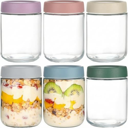 CarZenith 6 Pack Overnight Oats Jars, 16oz Glass Mason Jars with Lids, Leakproof for Yogurt Fruit Snacks Salad Dressing, 6 Colors(6-Pack 500ml)
