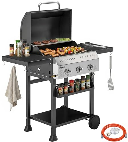 Outsunny Gasgrill 9 KW 3 Brenner BBQ Grillwagen Edelstahl inkl klappbar Seitentisch Gewürzhalter Unterregal 6 Haken Thermometer Emaille-Grillrost Warmhalterost Rolle Gas-Grill für Balkon Party
