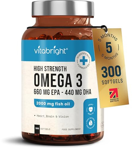 Omega 3 Fish Oil Capsules 2000mg High Strength | 660 EPA & 440 DHA | 300 Capsules 5 Months Supply | Omega 3 Supplement Alternative to Cod Liver Oil | VitaBright