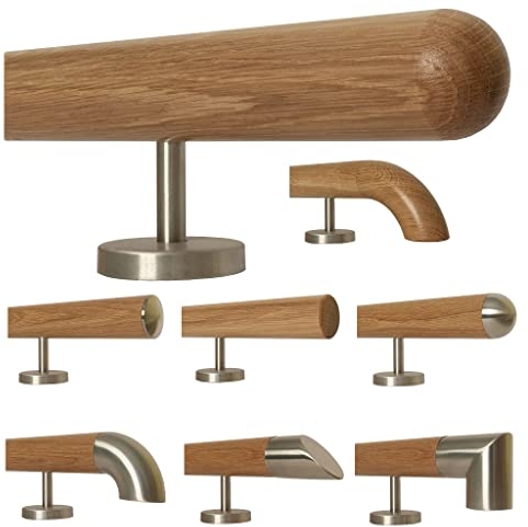 TIBU Eiche Holz Handlauf Geländer 0,3m - 6m, Länge 50 cm, Ende Halbkugel gefräst und 2 gerade Halter