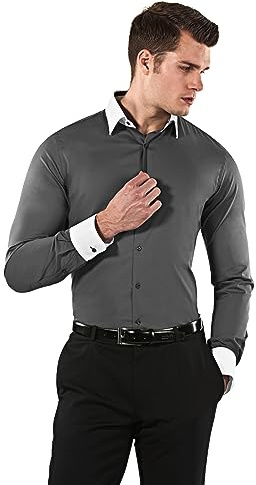 Vincenzo Boretti Camicia Elastica Uomo Eleganti, Taglio Molto Aderente (Extra Slim-Fit), Stretch, Collo Classico, Manica Lunga, in Tinta Unita - Easy Iron, Facile da stirar Grigio Scuro/Bianco 41-42