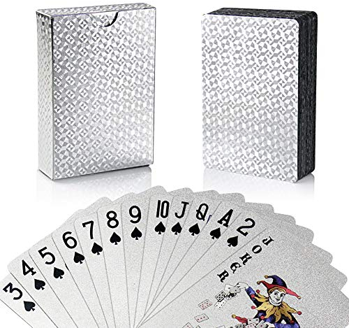 Joyoldelf Poker-Karten, Kartenspiel, PVC, wasserdicht, Blattgold, mit Geschenkbox, Kartenspiel 54, perfekt für Party und Spiel (Silber)