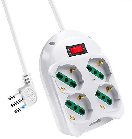 EXTRASTAR Multipresa 4 Post,Presa con interruttore automatico di protezione 10 A,multipresa protetta,surge Arrest, 4 prese bipasso ITA/Schuko, Bianco cavo 1,5 metri