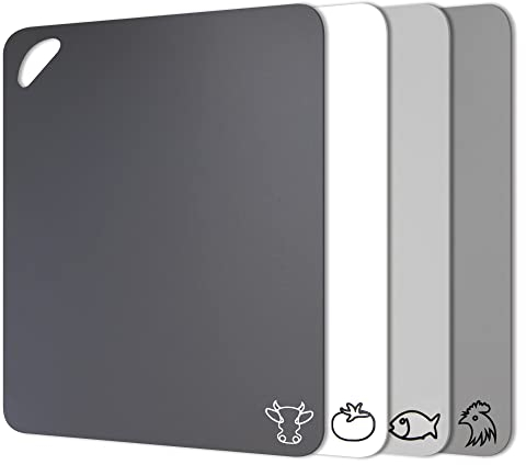 Kunststoff-Schneidebretter für die Küche, Fotouzy Flexible Schneidematten mit Loch, 4er-Set, BPA-frei, Rutschfeste Rückseite, Spülmaschinenfest, Multi Grau, 30x38cm