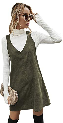Floerns Women's Casual V Neck A Line Corduroy Pinafore Overall Dress Green M