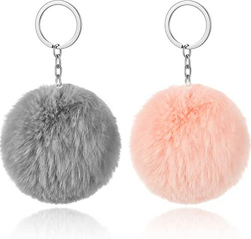 HICARER 2 Stücke Pom Poms Schlüsselanhänger Flaumig Faux Pompoms Schlüsselring Weiche Plüsch Schlüsselring Ornament Anhänger Zubehör für Damen Mädchen Frauen (Rosa, Grau)