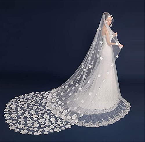 ABWYB 3M Langer Schwanz Blütenblatt Brautschleier, Kathedrale Romantische Hochzeit Schleier Zubehör 3D Blume Applique Single Tier Weiche Tüll Elegantes Hochzeitskleid für Damen,Weiß