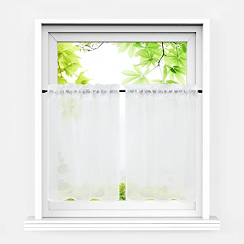 HeichkelL Scheibengardinen, Einfarbige Fensterschals, Weiß BxH 76x92 cm*2 | 2er Set Bistrogardine, Voile Transparent Paarig Kurzstores, Küche Vorhang