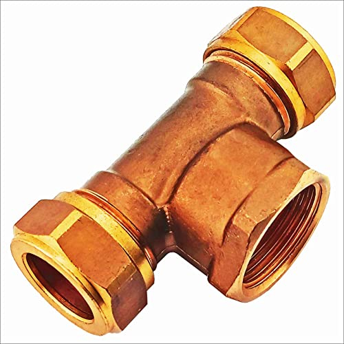 T Stück Schraub Fitting für Kupferrohr Aussendurchmesser 22 mm Übergang Mittelabgang mit 3/4 Rohr Zoll Innengewinde IG Klemm Ring Verschraubung Verbinder Kupplung