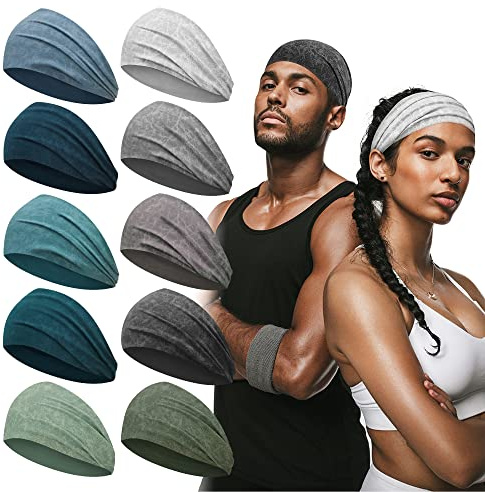 MYKURS Mens Sports Headbands for Long Hair, Wide Sweat Band Yoga Band No-Slip, Workout Headbands for Men and Women, Multicolors 10 PCS