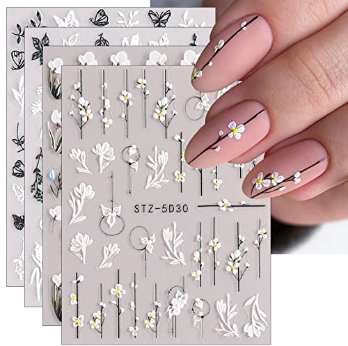 JMEOWIO 3D Nagelsticker Frühling Blume Nail Art Sticker Selbstklebend Nagelaufkleber 5D Stereoskopisch Buntes Sommer Blumen Dekoration Nageldesign Zubehör 4 Blatt