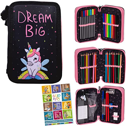 Goldkids Federmappe Federtasche Einhorn Motiv 3-fache Federmäppchen 45-teilig gefüllte Schüleretui Stifte und Pinsel inkl. Aufgabenheft Federbox Etui Stiftetasche Schlamper-Etui Schul-Etui