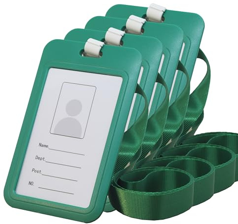 BAWAKO 4er Ausweishüllen, ID Kartenhalter mit Umhängeband, Ausweishalter aus robustem Kunststoff, ID Badge Holder Hartplastik (Grün)