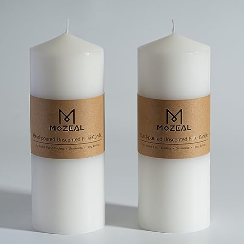 MOZEAL 3 x 8 Hand-Poured Unscented Candles,Large White Pillar Candles Set of 2,No Drip,Approx 120 Hours Long Burning,Wedding,Dinner,Christmas and Home Decor（3 Inch Diameter 8 Inch Height）