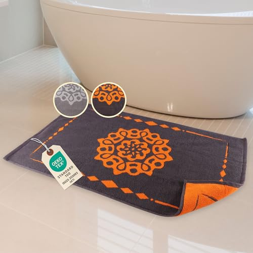 ELEVAVIDA Badematte grau 60x100 cm aus 100% Baumwolle - 1000 g/m2 - Badvorleger mit Mandala anthrazit orange - Badteppich weich, saugfähig, maschinenwaschbar - Duschmatte Frottee Duschvorleger