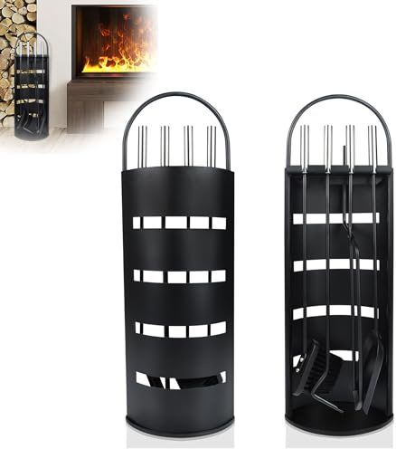Yznahre Edelstahl Kaminbesteck Set 5 TLG, Modern Kamingarnitur Kaminwerkzeug mit Ständer, Besen, Zange, Schürhaken, Ascheschaufe, Schwarz