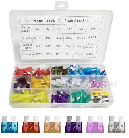 120 fusibili per auto, set di fusibili, fusibili standard auto, estrattore fusibili per auto (2 Amp 3 A 5 A, 7,5 A, 10 A, 15 A, 20 A, 25 A, 30 A, 35 A, 40 A)