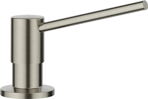 BLANCO Torre - Dispensador de detergente Satinado Platinum, Apto para Todos los grifos de Cocina BLANCO, cómodo de llenar Desde Arriba, Fregadero, dispensador de jabón, Requiere Orificio de 35 mm, | 4,8 cm de diámetro, orificio de 35 mm, capacidad de botella de 300 ml, fácil de rellenar desde arriba, para fregadero