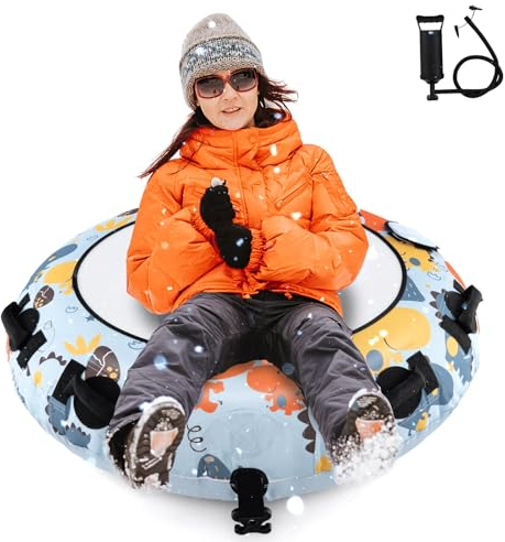 COSTWAY Ø132cm Schneereifen, Aufblasbarer Schlitten mit Griffe & Handpumpe, Schneeschlauch Rodelreifen für Kinder & Erwachsene, 100 kg Belastbar