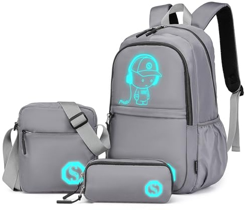 Kono Mochila Escolar Luminosa 3-en-1, Bolsa de Hombro y Estuche para Lápices para Chicos de Anime, Mochila para Portátil de 15.6 para Estudiantes Adolescentes Chicas (Gris)