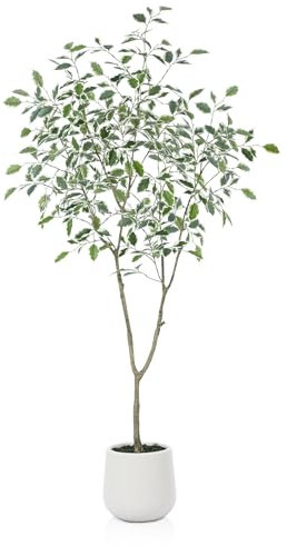 Fopamtri Kunstpflanze 150 cm Ficus Benjamina Künstliche Pflanzen im Weiß Topf, Fake Tropische Plastik Kunstpflanzen Groß für Home Decor Schlafzimmer Garten (1 Stück)